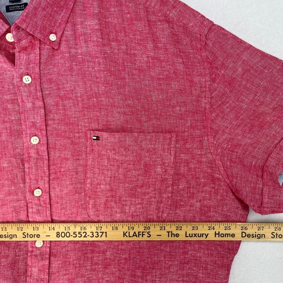 TOMMY HILFIGER Shirt Mens 2XL Cotton Linen Chambray Button Up Short Sleeve Pink - Picture 12 of 14